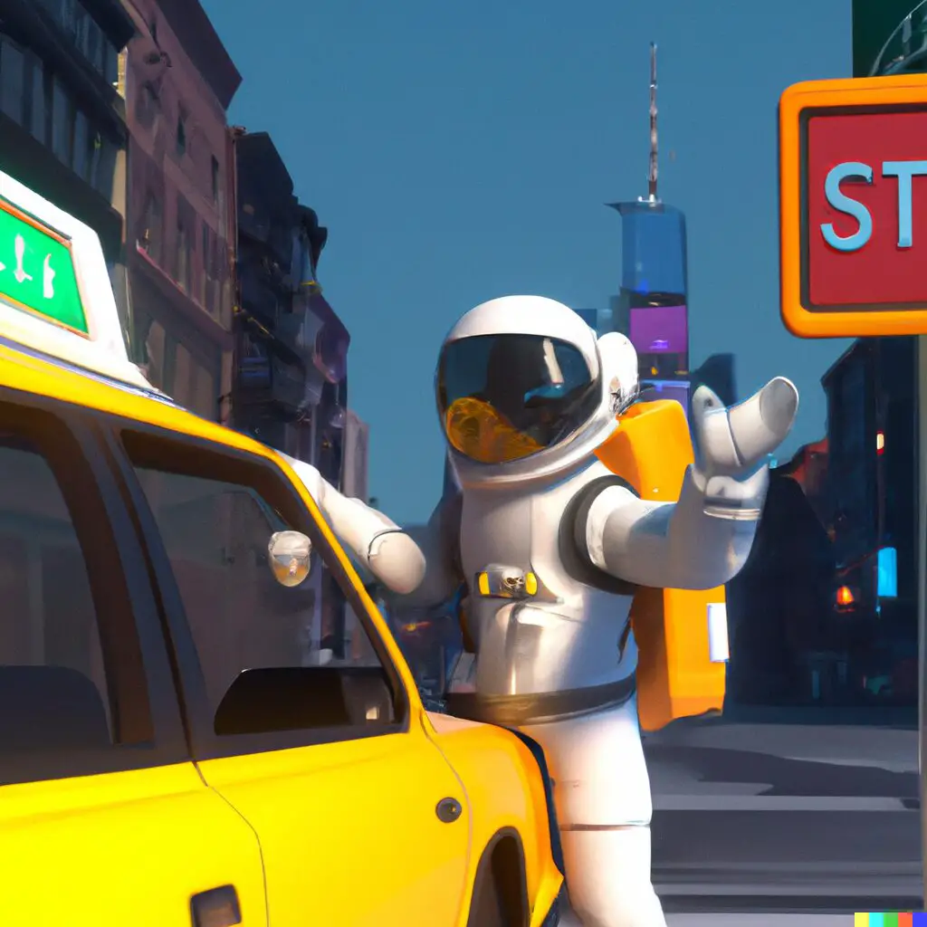 3D Render spaceman ride hailing new york city taxi