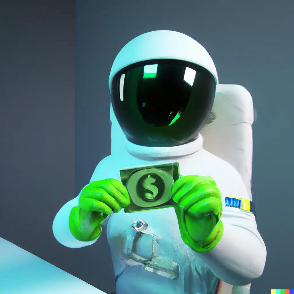 3D render spaceman with green helmet holding pax dollar in an office