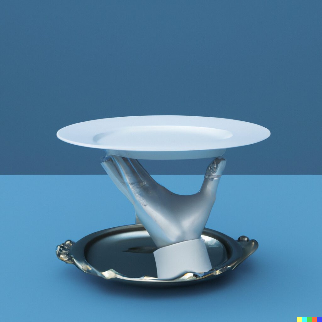 3d-render-butlers-white-glove-with-a-silver-platter-on-a-blue-background-digital-art